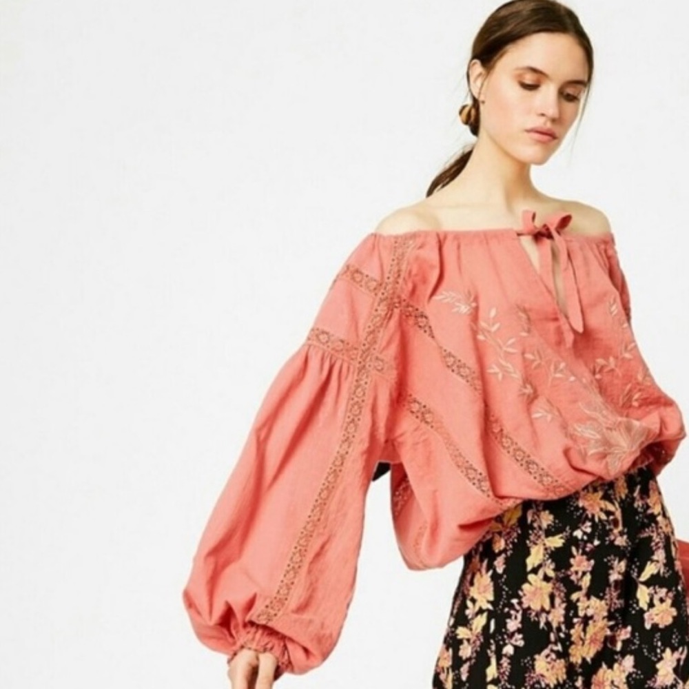 FREE PEOPLE MARIA MARIA EMBROIDERED & CROCHET LONG SLEEVE TOP